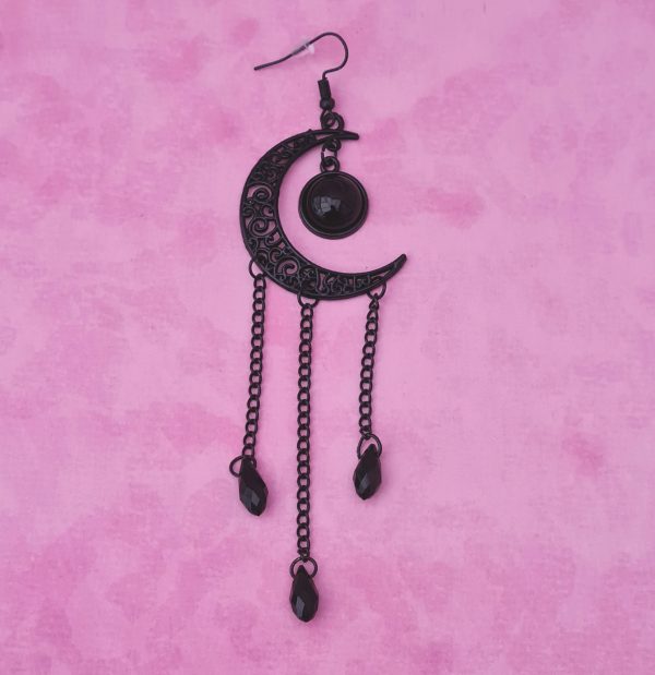 Black Filigree Crescent Dangle Earrings - Image 2
