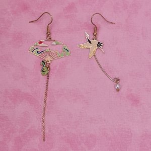 Japanese Fan and Crane Earrings