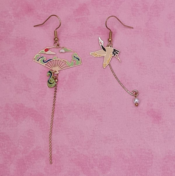 Japanese Fan and Crane Earrings